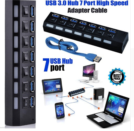 7 PORT USB3.0 EXTERNAL HUB HIGH SPEED WITH POWER ADAPTER