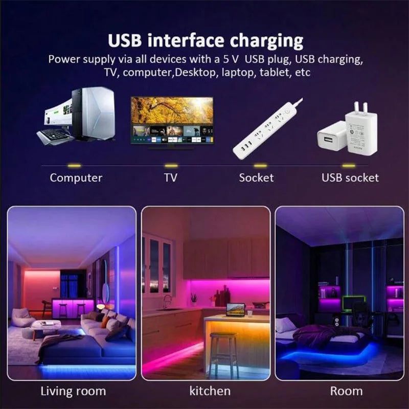 USB 1-30M LED-Lichtleiste RGB 5050 Bluetooth Wifi APP-Steuerung Luces LED-Lichtleiste Beleuchtung Musiksynchronisation für Party PC TV Wohnzimmer R 