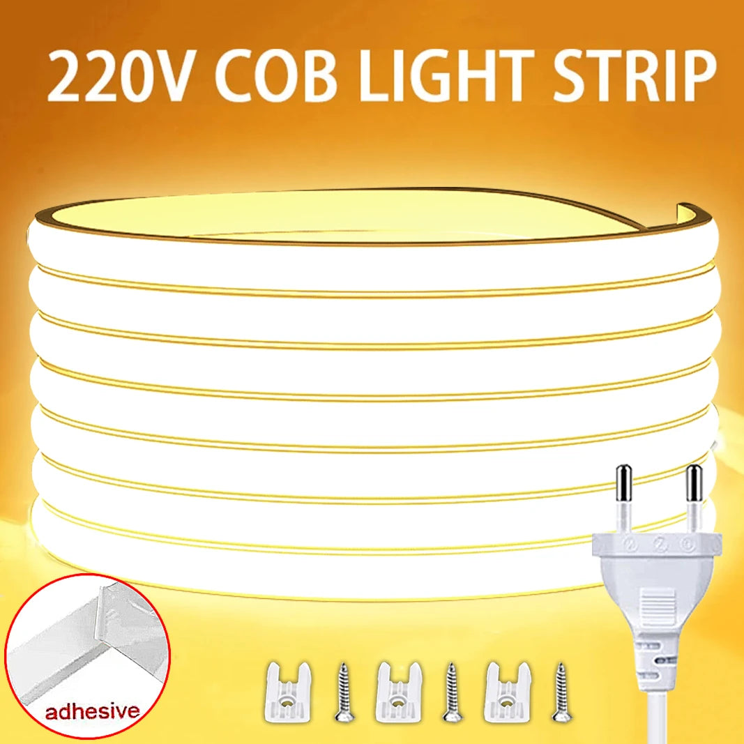 1M-30M 220V COB LED Streifen Licht Wasserdichte COB LED Band EU Power Plug Flexible Band lampe Für Schlafzimmer Küche Outdoor Decor